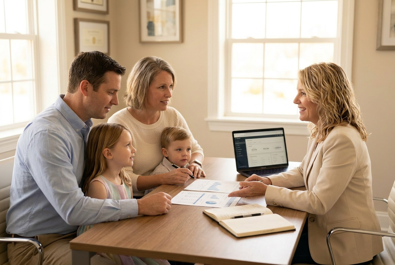 A licensed financial professional meets with a family of four across her desk in a softly lit office.